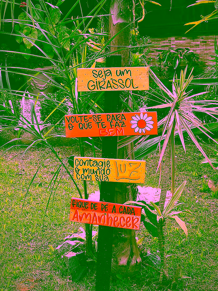 Placas coloridas com frases no jardim